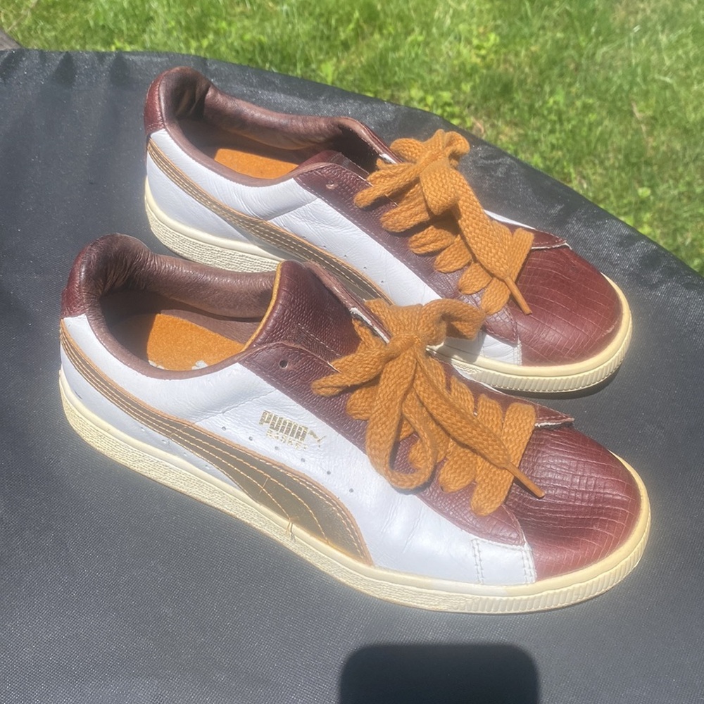 Vintage PUMA Basketball Sneakers Women’s 8.5 Retro Brown Cream Gold Leather